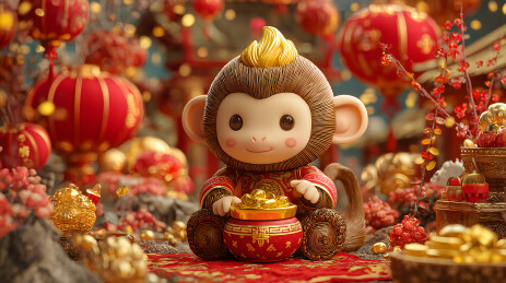 红地毯上坐着猴子摆件