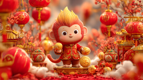 穿着红色外套拿着金色球的猴子