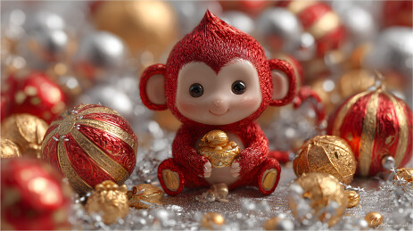 桌子上摆放着圣诞装饰品其中小猴子