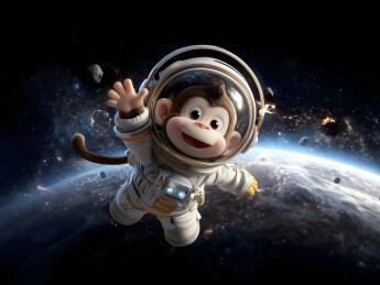 穿着宇航服的猴子在空中飞行