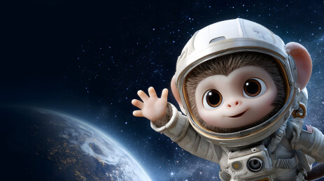 穿着宇航服的猴子挥手的图片