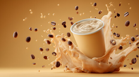 母鹿形状的咖啡杯里面盛着牛奶咖啡豆掉