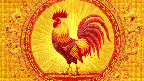 金色边框内的公鸡背景也是金色的