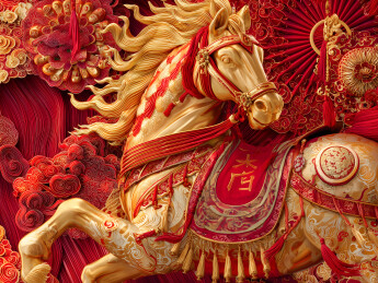 上面有金色的马饰有红色和金色的图案