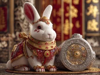 银色钟表旁边穿着红金相间衣服的白兔