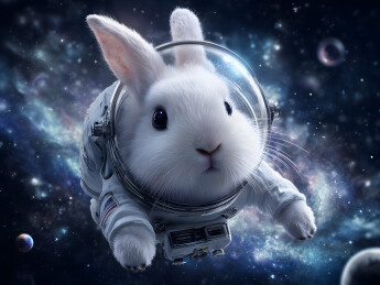 穿着宇航服的兔子漂浮在空中