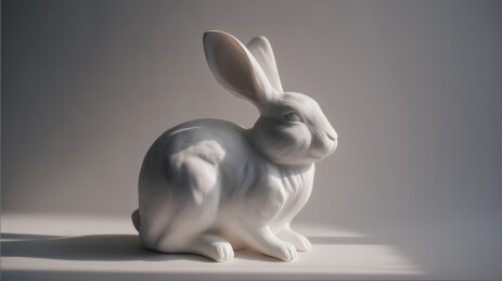 桌子上放着一尊白兔雕像