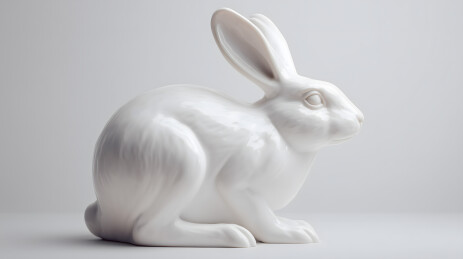 桌子上放着一尊白兔雕像