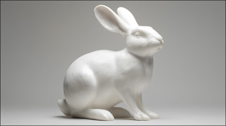桌子上放着一尊白兔雕像