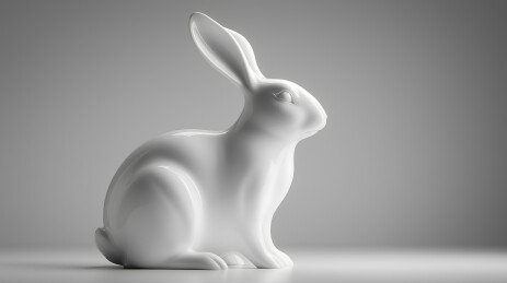 灰色背景的桌子上坐着白兔