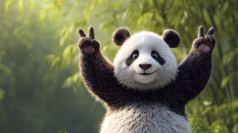 熊猫在森林前挥舞着爪子