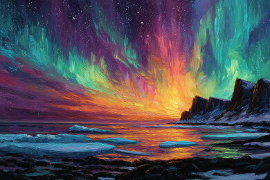 梦幻极光映照下的海岸