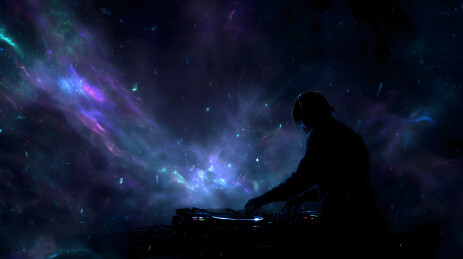 一张DJ在黑暗房间里播放音乐的图片