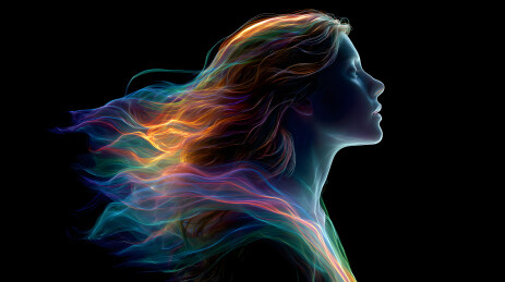 一张色彩斑斓的女子头发在风中飘扬的画面