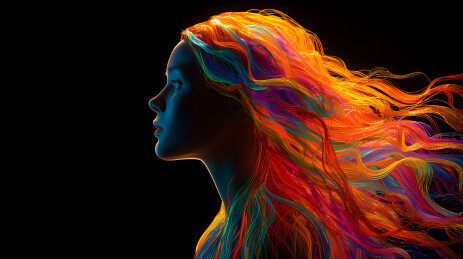 昏暗的房间里色彩鲜艳的头发随风飘扬