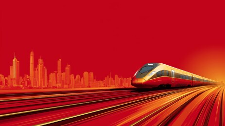 红色高铁穿梭都市