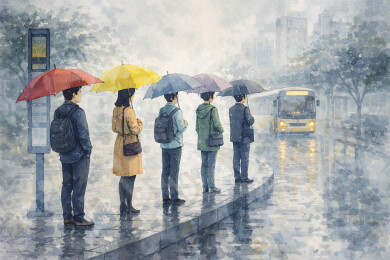 雨天公交站排队