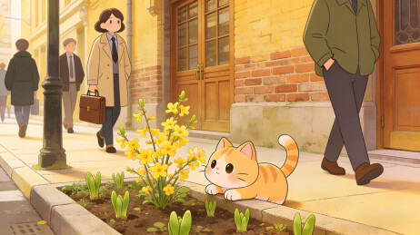 橘猫趴花丛旁街景