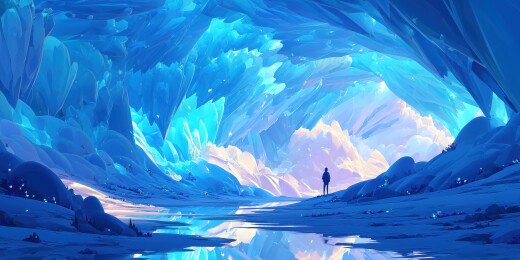 寒冷夜晚蓝色结冰洞穴的探险者3D卡通场景