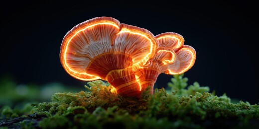 夜晚山坡上发光的灵芝3D卡通立体插画