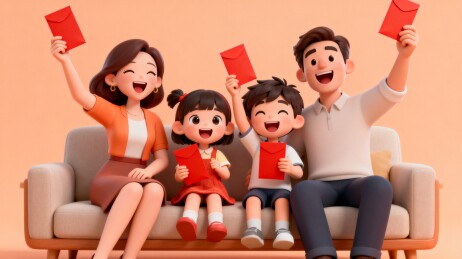 3D卡通家庭红包拜年热闹全家福春节海报