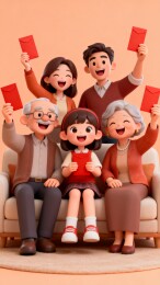 3D卡通家庭红包拜年热闹全家福春节海报