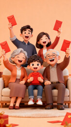 3D卡通家庭红包拜年热闹全家福春节海报