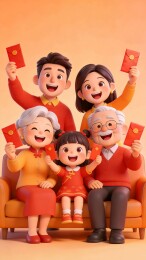 3D卡通家庭红包拜年热闹全家福春节海报