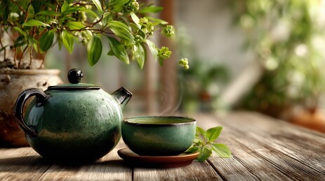 中国风粗陶茶具和插画装饰