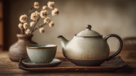 中国风粗陶茶具和插画装饰