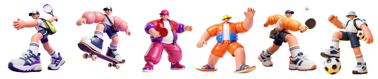 六个卡通人物进行网球滑板乒乓足球等运动