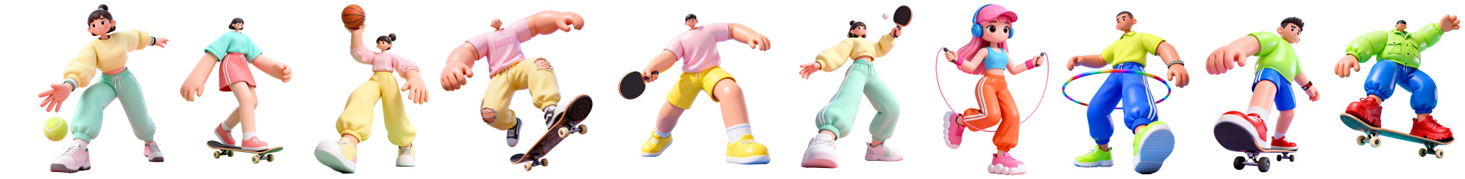 多位卡通人物进行不同体育运动的3D形象