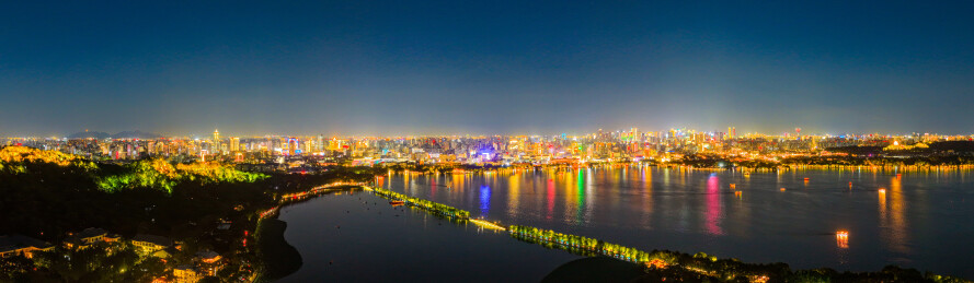 杭州西湖城市夜景全景