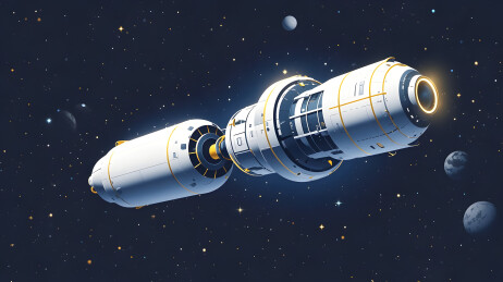 白色金色模块化航天器遨游星空