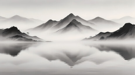 黑白山水倒影风景