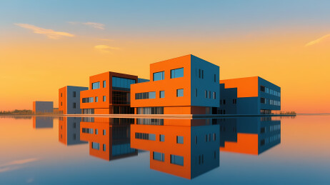 橙蓝现代建筑倒影