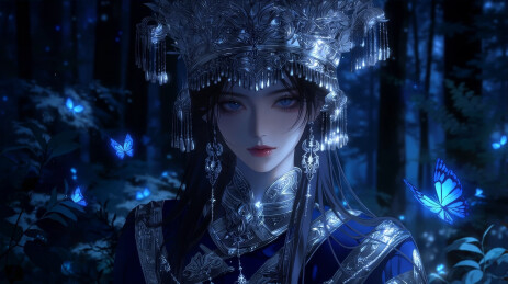 蓝调森林中佩戴银饰的少女与发光蝴蝶