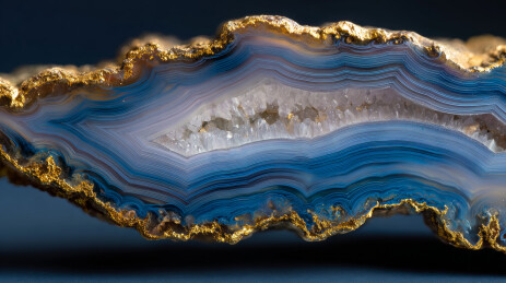 蓝色玛瑙晶洞切面带有金色边缘