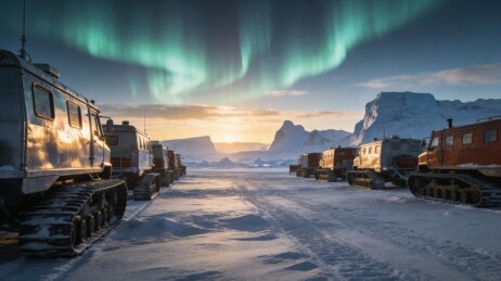 极光下的雪地履带车辆