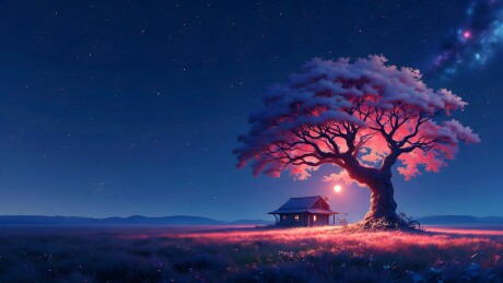 夜空下的粉红大树与小屋