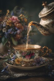 繁花簇拥鎏金花纹骨瓷茶具倒茶瞬间复古唯美