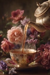 繁花簇拥鎏金花纹骨瓷茶具倒茶瞬间复古唯美