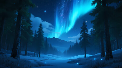 极光映照松林夜景