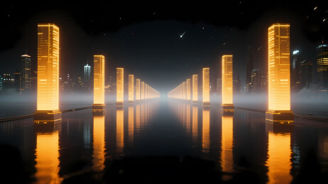 橙黄光柱倒映夜城