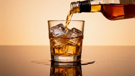 琥珀色酒液倒入冰块杯中