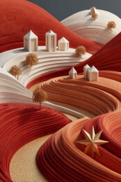 纸艺风格的梦幻山间聚落