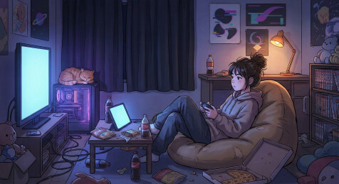 宅家女孩夜晚沉浸游戏