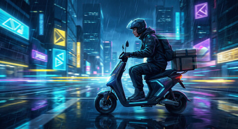 霓虹雨夜骑手赶路送餐