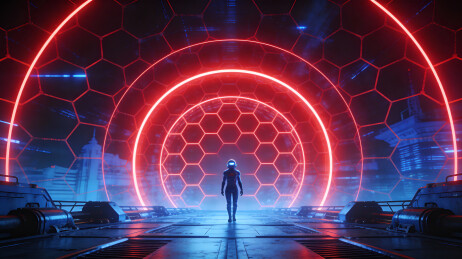 科幻宇航员穿越红色光环隧道