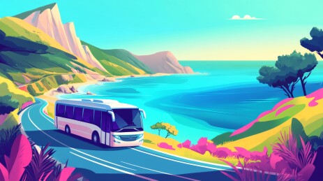 山间公路与旅行巴士